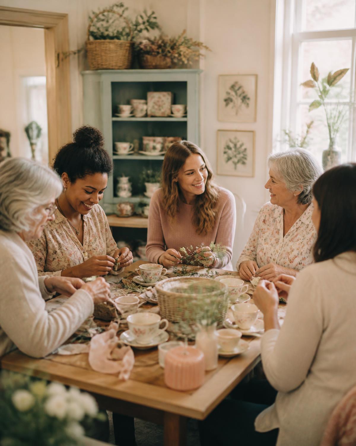 Women of different ages gathered around a table sharing tea and craft